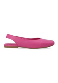 Rosa Leder-Slingback-Ballerinas mit abgerundetem Zehenbereich und flacher brauner Sohle. Glatte Textur und minimales Design mit tief ausgeschnittenem Vorderblatt, das den Fuß sichtbar macht.