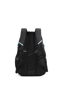 Zaino nero con pannelli in rete, spallacci regolabili e dettagli blu. Presenta più scomparti e uno schienale imbottito per il comfort.