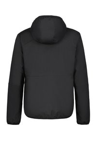 Schwarze, gepolsterte Jacke mit Kapuze, elastischen Bündchen und geradem Saum. Glatte Textur ohne sichtbare Muster oder Hardwaredetails.