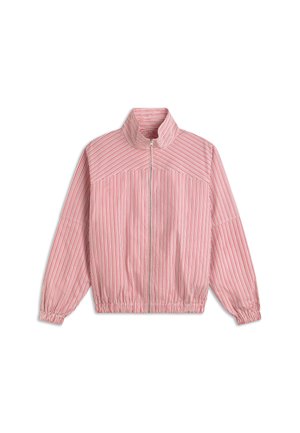 Veste zippée à rayures verticales rouges et blanches avec col montant, poignets élastiques et taille élastique, présentée à plat sur un fond blanc.