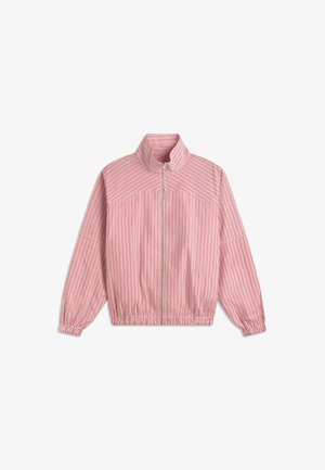 Red and white vertically striped zip-up jacket with high collar, elastic cuffs, and elastic waistband, shown flat on a white background.