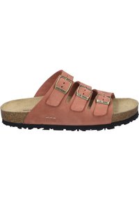 Rosa ruskinds slide sandal med tre justerbare remme og metalspænder, korkfodbed og struktureret sort gummisål.