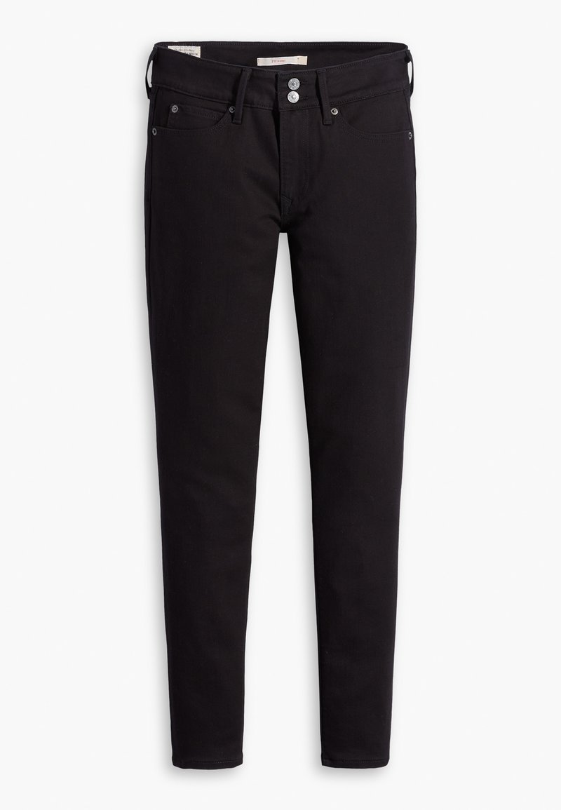 Schwarze Denim-Jeans mit schmaler Passform, ausgestattet mit einem Knopfverschluss, fünf Taschen und dezenten Nahtdetails. Glatte Textur und strapazierfähiges Material.