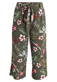 Floral print pants in olive green fabric. Features a wide leg design, a drawstring waist, and vibrant white and red flower patterns with green leaves.