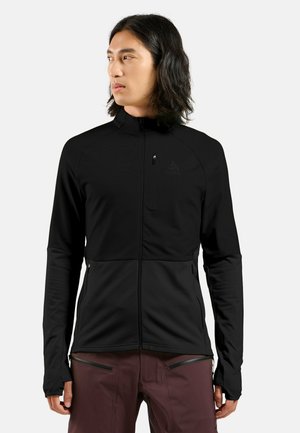 Black zip-up jacket made from a smooth, stretchy material. Features a high collar, side pockets, and thumbholes on the cuffs.