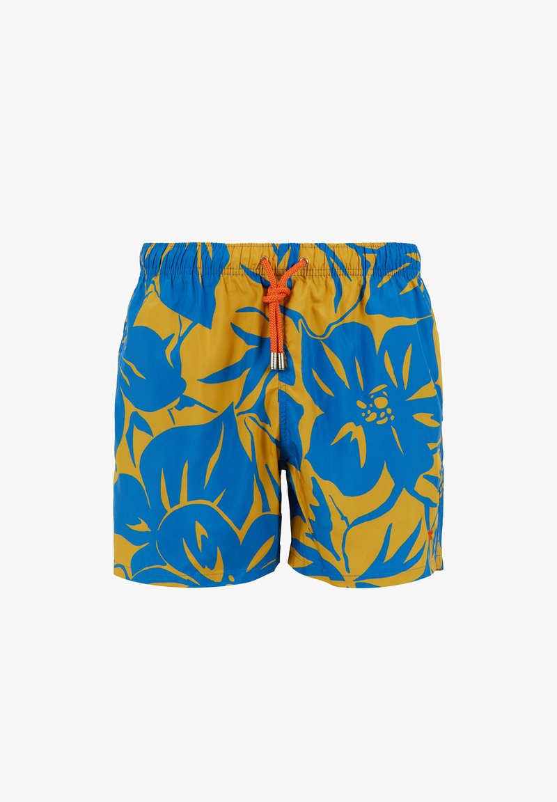 Costumi da bagno realizzati in materiale leggero con un motivo floreale blu e giallo, dotati di una vita elastica e cordino arancione regolabile.
