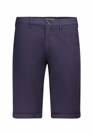 Pantaloni corti blu navy realizzati in tessuto morbido, con chiusura a bottone, taglio dritto e orlo risvoltato. Design minimalista senza pattern.