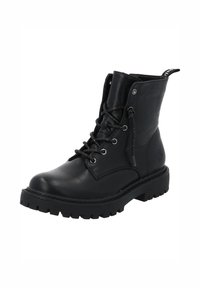 Stivaletto alla caviglia in pelle nera con punta tonda, chiusura frontale con lacci, suola spessa in gomma e dettaglio logo sul lato. Presenta cuciture decorative e materiale resistente.