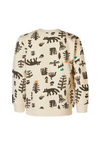 Crème-kleurige sweatshirt met zwarte dieren- en boomafdrukken, met oranje en teal accenten. Zachte textuur; ronde hals ontwerp.