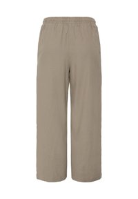 Pantalon beige à jambes larges avec taille élastique, fabriqué en tissu léger adapté à une tenue décontractée.