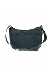Borsa a spalla verde scuro in tessuto texture, con chiusura superiore con zip, tracolla regolabile e tasca frontale.