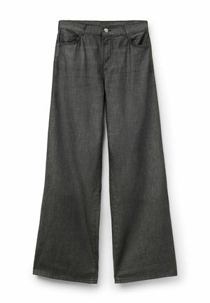 Jean en denim noir à jambes larges avec poches avant, passants pour ceinture et fermeture avant à bouton visible.