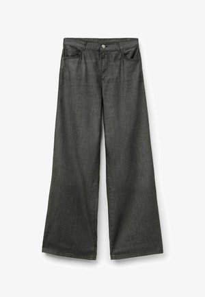 Schwarze Jeans mit weitem Bein, vorderen Taschen, Gürtelschlaufen und sichtbarem vorderem Knopfverschluss.