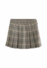 Karierte Miniröcke mit einem gefältelten Design in Beige-, Schwarz- und Grüntönen und einem eng anliegenden Bund. Hergestellt aus einem Stoff mit glatter Textur.