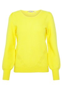 Gelber Strickpullover mit strukturiertem Muster, rundem Ausschnitt und puffartigen langen Ärmeln. Verfügt über gerippte Bündchen und Saum.