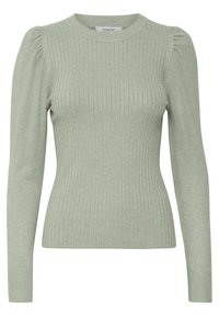 Hellgrüner, gerippter Pullover mit langen Ärmeln, rundem Halsausschnitt und gepufften Schultern. Hergestellt aus einem weichen, strukturierten Stoff.