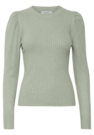 Lichtgroene geribde trui met lange mouwen, ronde halslijn en geplooide schouderdetails. Gemaakt van een zachte, gestructureerde stof.
