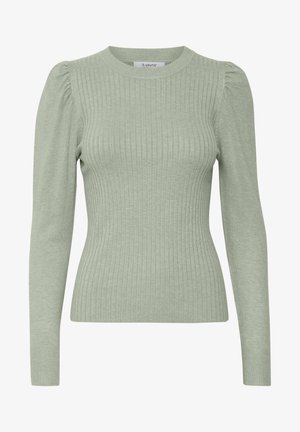 Pull à côtes vert clair avec des manches longues, un col rond et des détails d'épaule bouffante. Fabriqué dans un tissu doux et texturé.