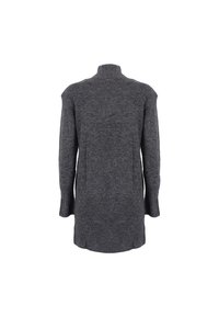 Maglione a maglia grigio scuro con colletto alto, maniche lunghe, spacchi laterali e design a taglio dritto, caratterizzato da una superficie morbida e testurizzata.