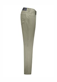 Schlank geschnittene olivgrüne Hose aus Baumwolle. Verfügt über zwei Gesäßtaschen und einen gefütterten Bund. Sanfte Textur mit geradem Beinschnitt.