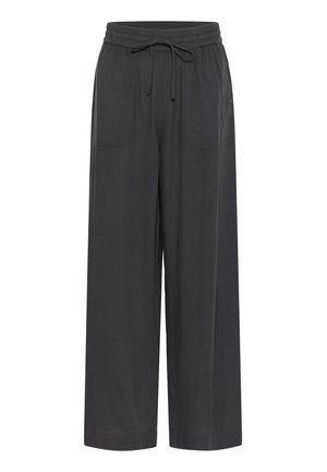 Dark grey wide-leg trousers with a soft texture, elastic waistband, and adjustable drawstring. Two patch pockets on the front.