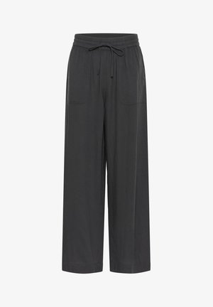 Pantaloni ampi grigio scuro con una texture morbida, vita elastica e cordoncino regolabile. Due tasche a patta sul davanti.