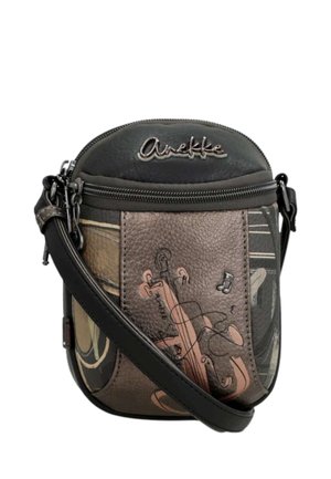 Piccola borsa a tracolla con grafica frontale di violino, note musicali decorative, tasca con cerniera e tracolla regolabile nera.