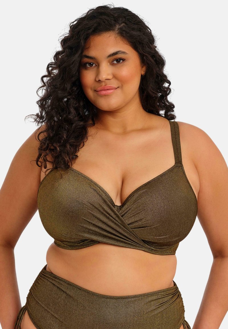 Bronzefarbenes Bikinioberteil mit verdrehtem Frontdesign, Unterbruststütze und verstellbaren Trägern. Glatte Textur mit metallischem Glanz.