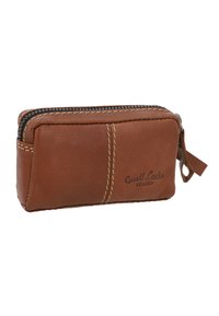 Brown leather wallet with a textured finish, featuring a contrasting seam, zip closure, and a logo embossed on the side.