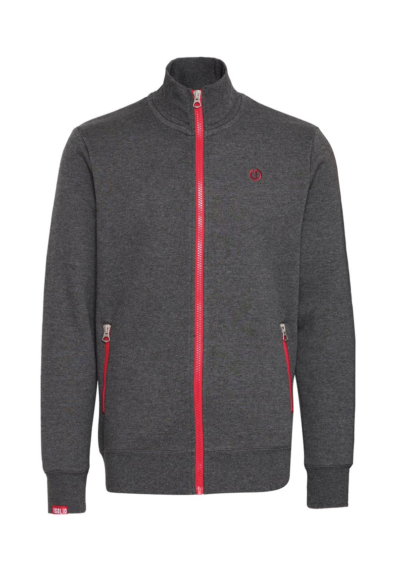 Grauer Reißverschluss-Sweatshirt mit hohem Kragen, rotem Reißverschluss und Seitentaschen. Verfügt über eine dezente Textur und ein Logo auf der Brust.