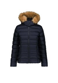 Giubbotto imbottito blu navy con cappuccio rifinito in pelliccia, cerniera frontale e sezioni trapuntate orizzontali per isolamento e calore.