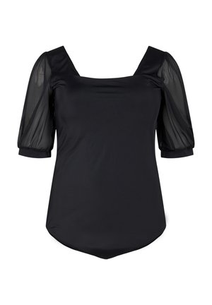 Black top featuring a square neckline, short puffed sheer sleeves, and a streamlined body design with a rounded hem.