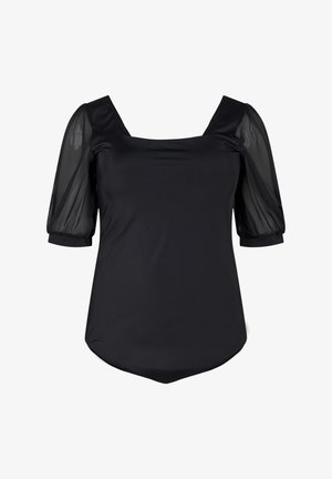Haut noir avec un décolleté carré, de courtes manches bouffantes en transparence et un design du corps épuré avec un ourlet arrondi.