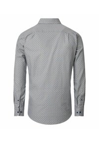 Langarmhemd in Hellblau mit geometrischem Muster, ausgestattet mit einem Button-Down-Kragen und kontrastierenden Knöpfen an den Manschetten.