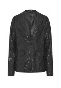 Blazer nero con paillettes, maniche lunghe, chiusura a un bottone, rever a scollo a V e due tasche a falda frontali, foderato all'interno.