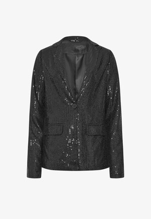 Blazer negro de lentejuelas con mangas largas, cierre de botón único, solapas con muesca y dos bolsillos frontales de solapa, forrado por dentro.