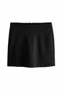 Sort A-linje nederdel i glat stof med lynlås bagpå og minimale syninger. Enkel design uden mønstre eller udsmykninger.