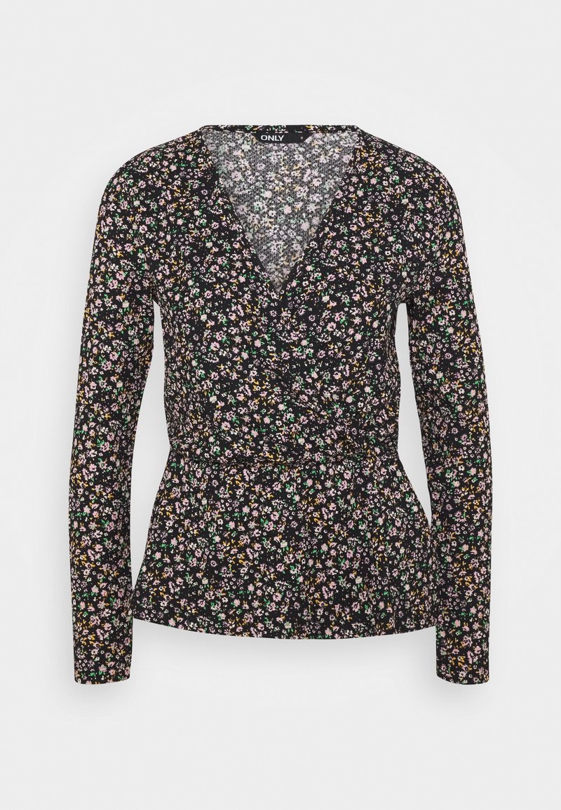 Blouse portefeuille noire à manches longues avec un imprimé floral petit rose, jaune, blanc et vert, et une taille cintrée.