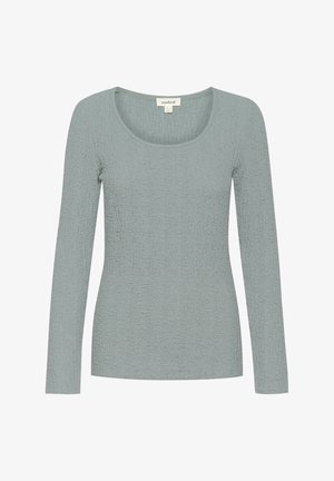 Lichtgroene longsleeve top met een ronde hals, een textuurstof met een gekreukt patroon en een aansluitend ontwerp.