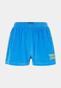 Modré sametové šortky s elastickým pasem a žlutým logem "TOMMY JEANS". Krátká délka s hladkou texturou. Jednoduchý design.