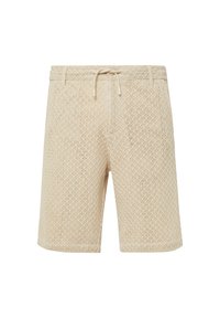 Beige gebreide shorts met een diamantpatroon, elastische tailleband en verstelbaar trekkoord. Gestructureerde stof met een ademende uitstraling.