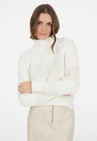 Cremfarbener gerippter Rollkragenpullover mit lockerer Passform, strukturiertem Strickmuster und langen Ärmeln. Kombiniert mit einem beigen Rock mit Reißverschlussdetails.