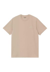 Camiseta de algodón beige con mangas cortas, cuello redondo y sutil logo de la marca en el lado izquierdo. Textura ligera y suave. Talla M.