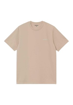 Beige cotton t-shirt with short sleeves, crew neck, and subtle brand logo on the left side. Lightweight, smooth texture. Size M.