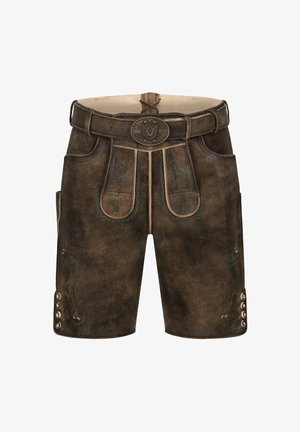 Leather shorts with dark brown color, detailed green embroidery, and a decorative buckle. Features side pockets and decorative buttons at the hem.