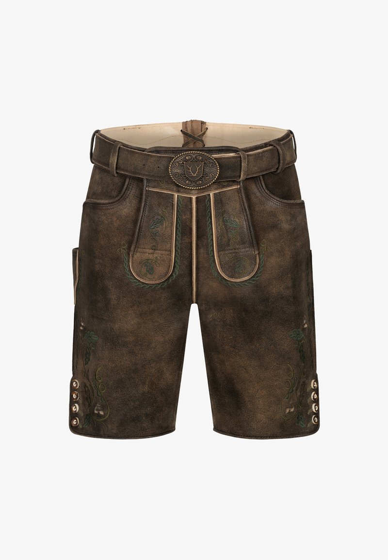 Läderbyxor i mörkbrun färg med detaljerad grön brodyr och en dekorativ spänne. Har sidofickor och dekorativa knappar vid fållen.