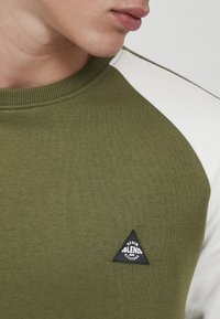 Felpa verde oliva con accenti bianchi sulle spalle, scollo a costine e una toppa triangolare nera con il testo "BLEND with attitude."