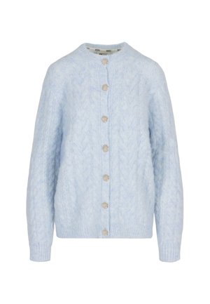 Jasnoniebieski kardigan z dzianiny o wzorze warkoczy, z długimi rękawami, okrągłym dekoltem i sześcioma srebrnymi guzikami z przodu.