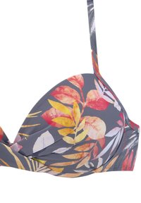 Bralette met bloemenpatroon, met gevoerde cups, grijze basis en verstelbare schouderbanden. Kenmerkt zich door meerkleurige bladeren in geel, rood en roze.