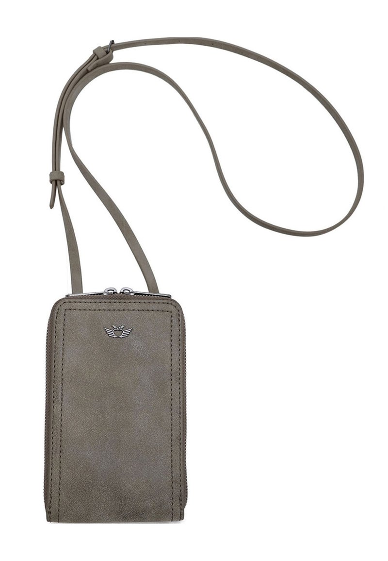 Olijfgroene leren crossbody portemonnee met een gestructureerd oppervlak, ritsluiting en een klein embleem aan de voorkant. Inclusief verstelbare schouderband.